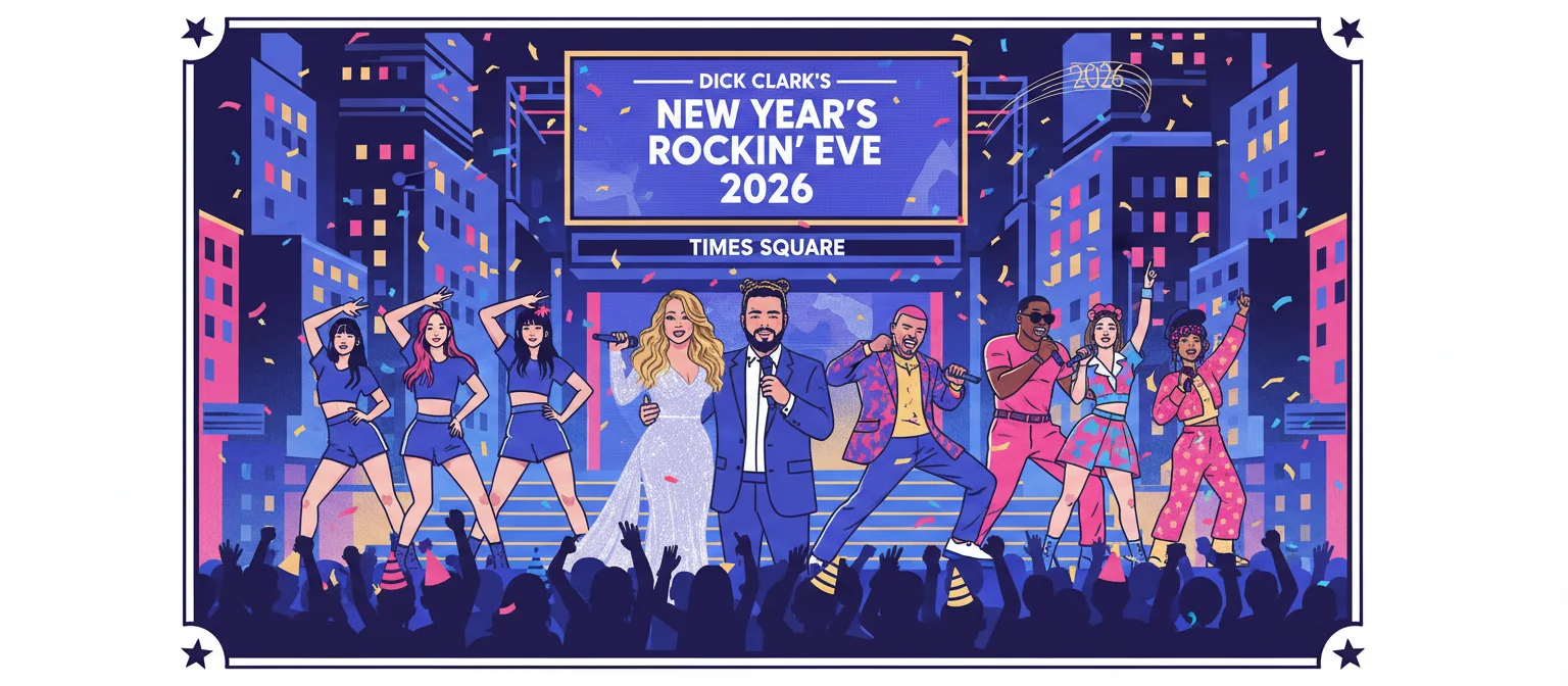 Decorative illustration for: Mariah Carey and Post Malone Headline New Year’s Rockin’ Eve 2026