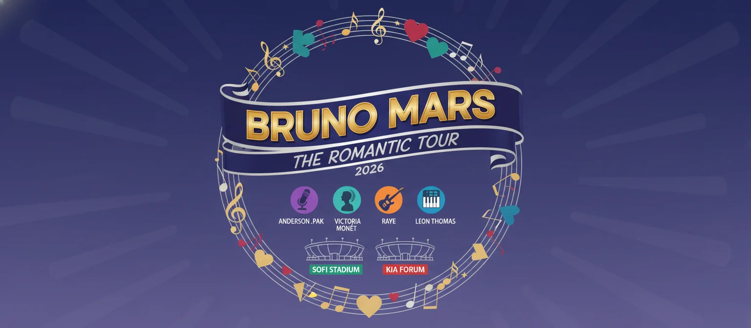 Decorative illustration for: Bruno Mars Announces 2026 'The Romantic Tour' with Star-Studded Lineup
