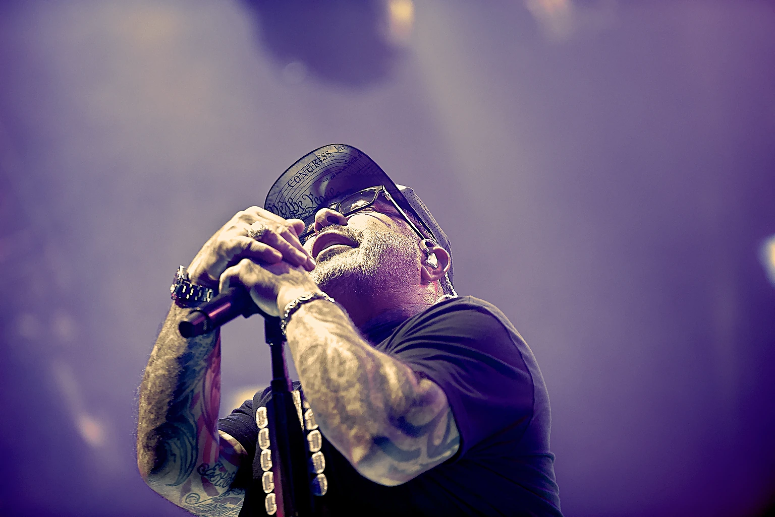 Staind vocalist Aaron Lewis holding the microphone with both hands, looking upward, at Toyota Arena, Ontario